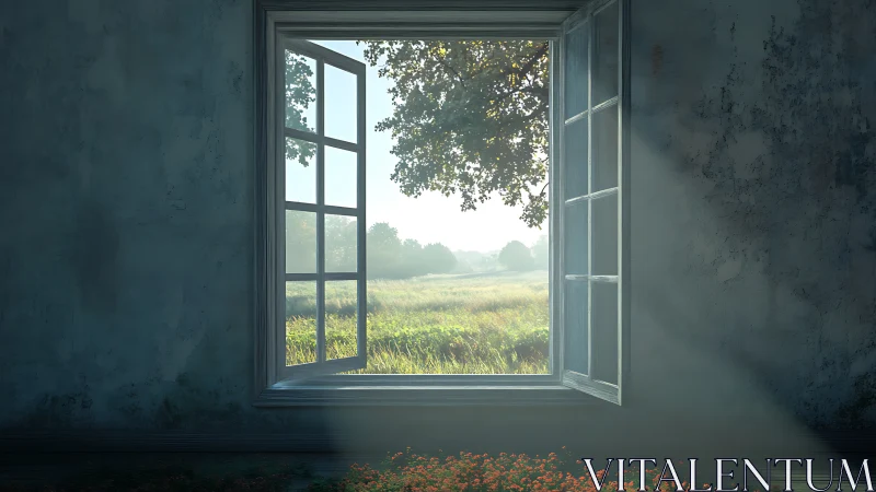 Open casement window framing sunlit meadow at daybreak