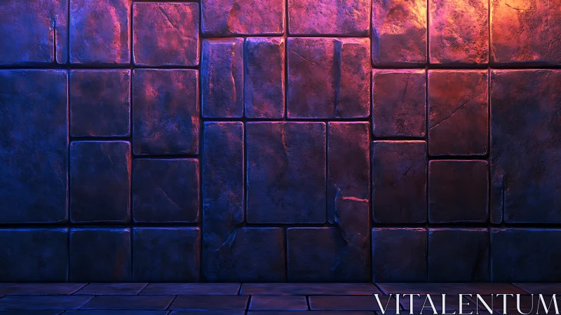 Stone tile wall shows colored lighting with worn surface
