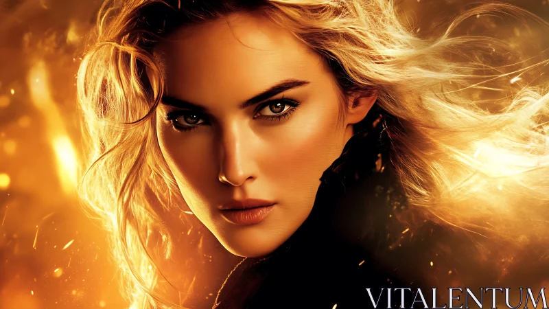 Fierce blonde heroine stares through swirling golden flames