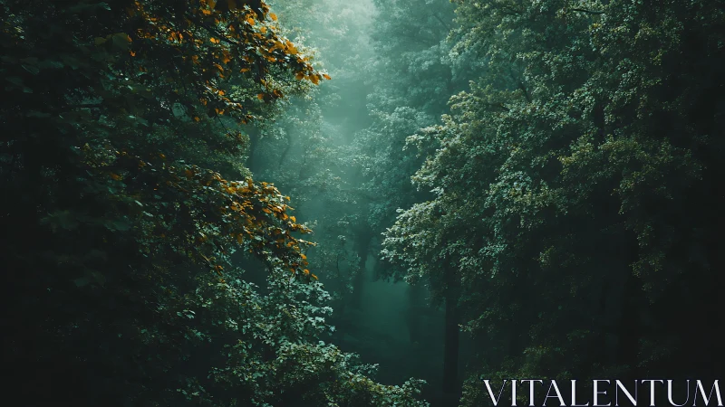 Dense Forest Canopy with Golden Foliage in Misty Daylight