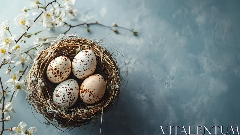 Speckled bird eggs in straw nest on blue textured surface.