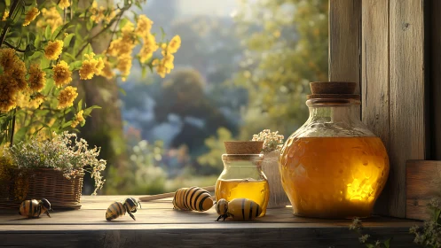Photorealistic honey still life with bees and rustic wood window.