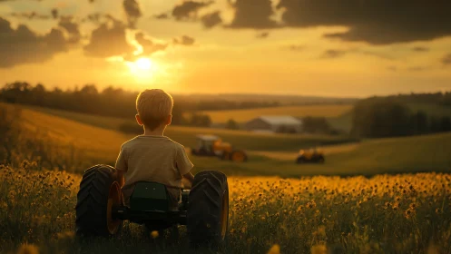 Young child on toy tractor watches glowing farm sunset.