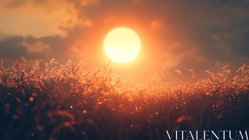 Sun-drenched meadow glows beneath a molten evening sky.