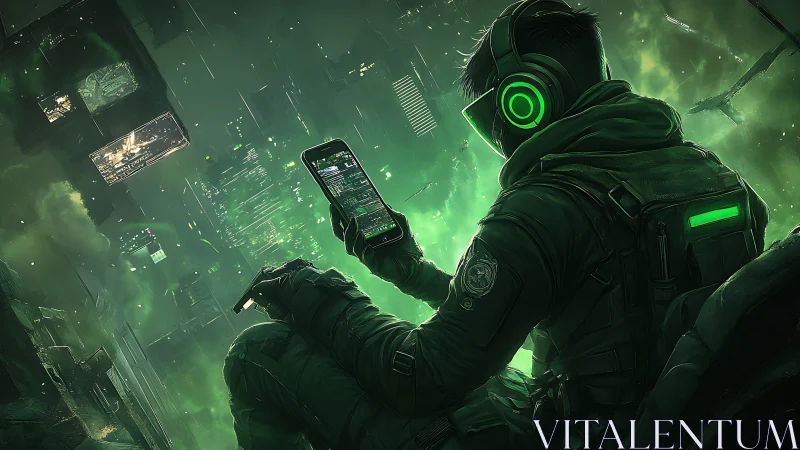 Neon-clad data diver scrolls the sky like a glowing script