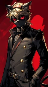 Midnight cat hero stands bold in sleek black uniform