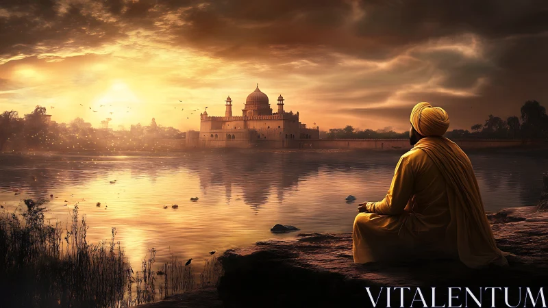 Solitary figure contemplates riverside temple at sunset.