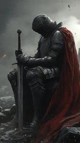 Armored knight kneels with greatsword amid ash and storm light
