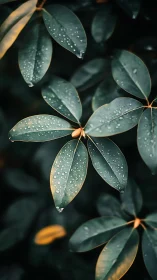 Raindrops rest on elongated green leaves in soft focus