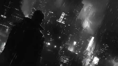 Lone silhouette surveys rain-soaked cyberpunk cityscape at night.
