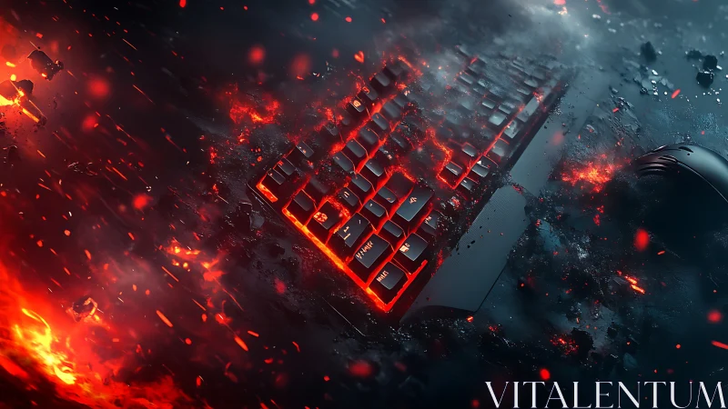 Mechanical gaming keyboard in molten lava environment.