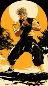 Martial artist in fighting stance against bold sun backdrop.