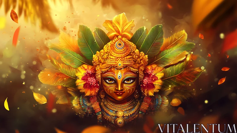 Ornate deity mask with feathers in warm digital illustration.