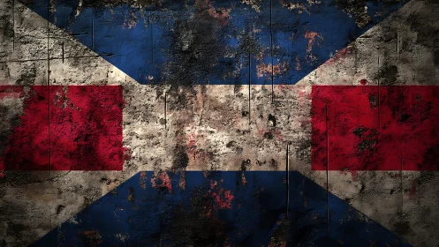 Weathered painted flag pattern on cracked concrete wall.