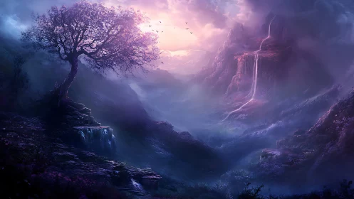 Soft dawn light cradles a lone blossom tree and misty falls
