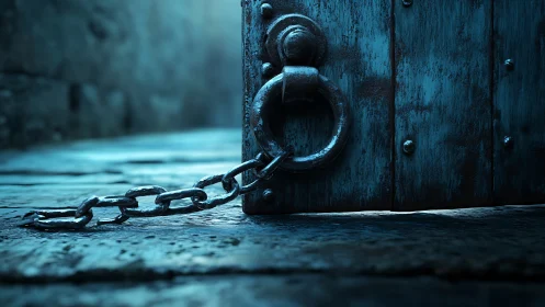 Rustic iron ring handle on weathered blue wooden door.