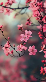 Pink Cherry Blossoms Dance: Soft Petals Through Crystalline Haze.