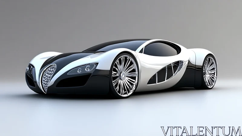 Futuristic black and white concept supercar with chrome detailing.