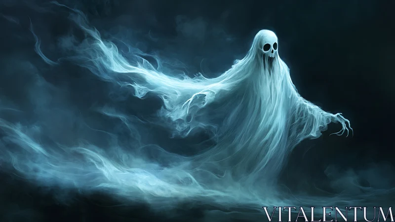 Translucent spectral figure in mist-filled dark environment.