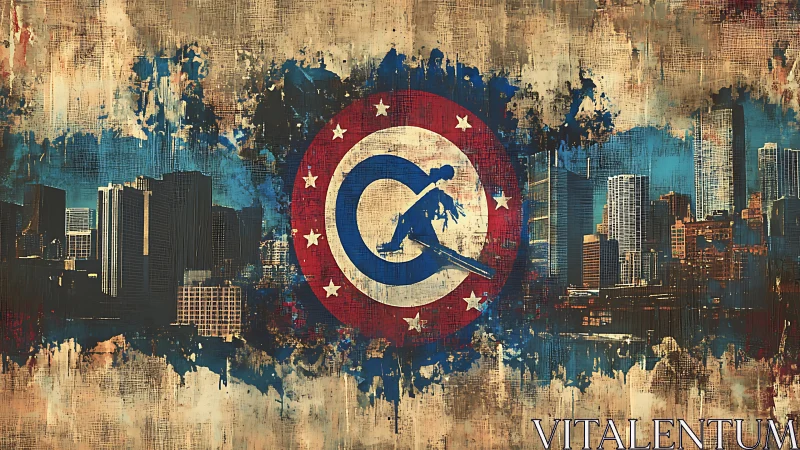 Urban superhero emblem dominates distressed city panorama