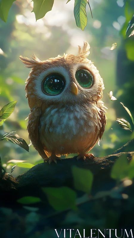 Stargazer owlling perched in a sun-dusted forest cradle.