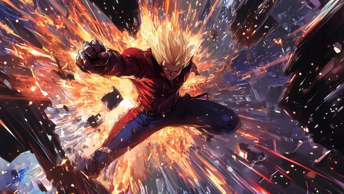 Explosive blond fighter lunges through shattered cityscape.