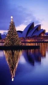 Christmas tree lights shimmer beside iconic harbor sails.