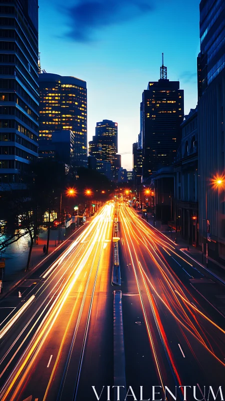 Long-exposure city avenue records dense bidirectional traffic light streams