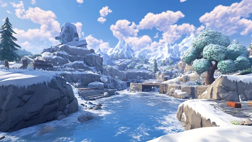 Snow-Dusted Mountain Valley with Frozen River.