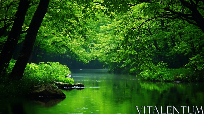 Tranquil Forest River in Lush Greenery, Nature Photography Style.