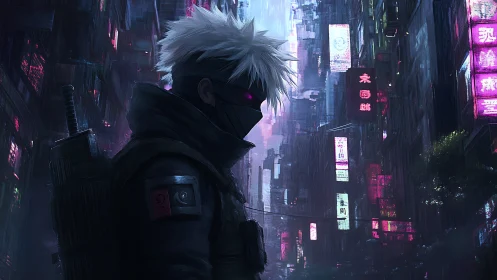 Neon-soaked ninja drifts through rain-slick cyber city