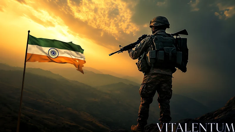 Indian soldier silhouette with national flag at sunset horizon.