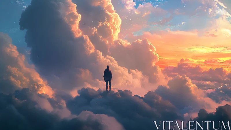 One quiet dreamer stands high above glowing sunset clouds