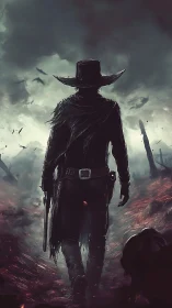 Silhouetted gunslinger walks through scorched, smoky terrain