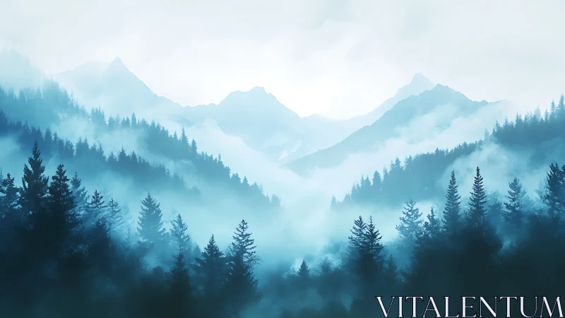 Misty Mountain Valley Landscape with Layered Peaks and Pine Forests