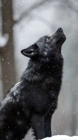 Black wolf gazes upward through falling snow in winter forest
