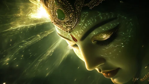 Divine emerald goddess rendered in luminous digital chiaroscuro