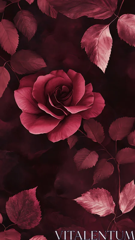 Deep Burgundy Rose with Translucent Foliage on Dark Background.