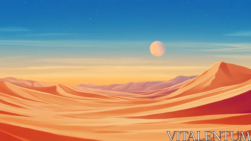 Soft desert dunes under a dreamy twilight planet sky.