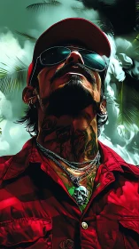 Sunlit rebel in crimson shirt and smoke-drenched palms.