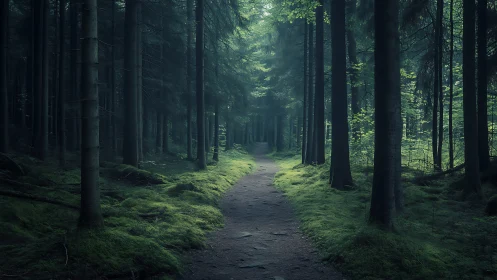 Forest trail receding into depth with moss-covered ground and tall coniferous canopy.