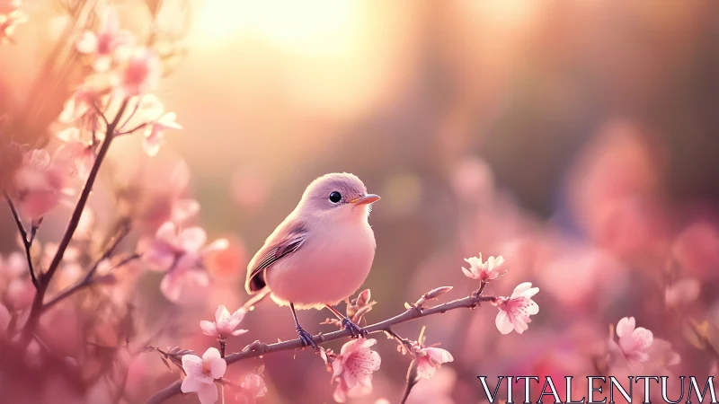 Small pink bird perched on flowering branch in soft focus landscape.