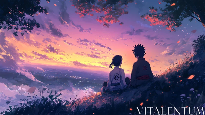 Two anime friends watch a vivid sunset over distant city.
