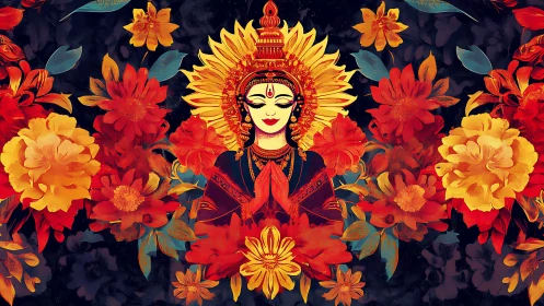 Radiant goddess portrait amid glowing red and golden blooms.