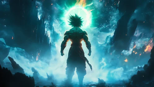 Stormforged warrior beneath a blazing celestial rupture.