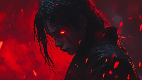 Dark figure with glowing red eyes emerges through embers