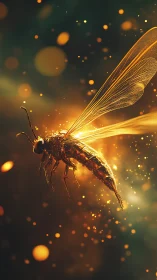 Glowing macro wasp rendered in luminous golden particle field