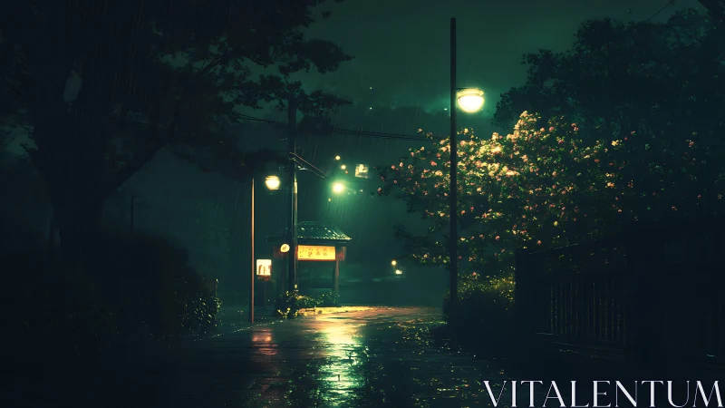 Rain-soaked street under glowing lamps at quiet night.