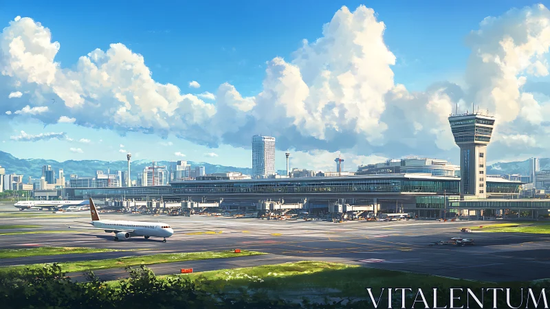 Sunlit skyline airport humming under cotton-bright clouds.