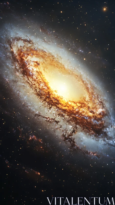 Luminous barred spiral galaxy core with dense dust lanes rendered.